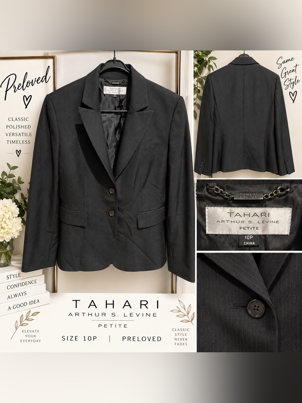 #19 Preloved Tahari Arthur S. Levine Petite Black Pinstripe Blazer Size 10PT